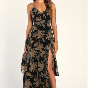 Lulus I Love You Amore Slate Blue Floral Velvet Tiered Maxi Dress